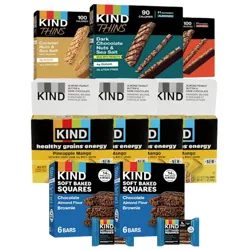 Assortment of KIND snacks, including Thins (Caramel Nuts & Sea Salt, Dark Chocolate Nuts & Sea Salt), energy bars (Pineapple Mango, Mango), and Soft Baked Squares (Chocolate Almond Flour Brownie).