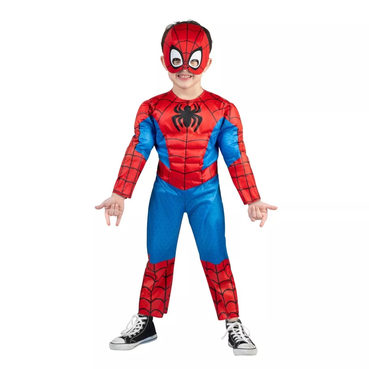 Child dressed in a Spider-Man costume, featuring a blue and red outfit with a black spider emblem on the chest, a matching mask, and black sneakers.
