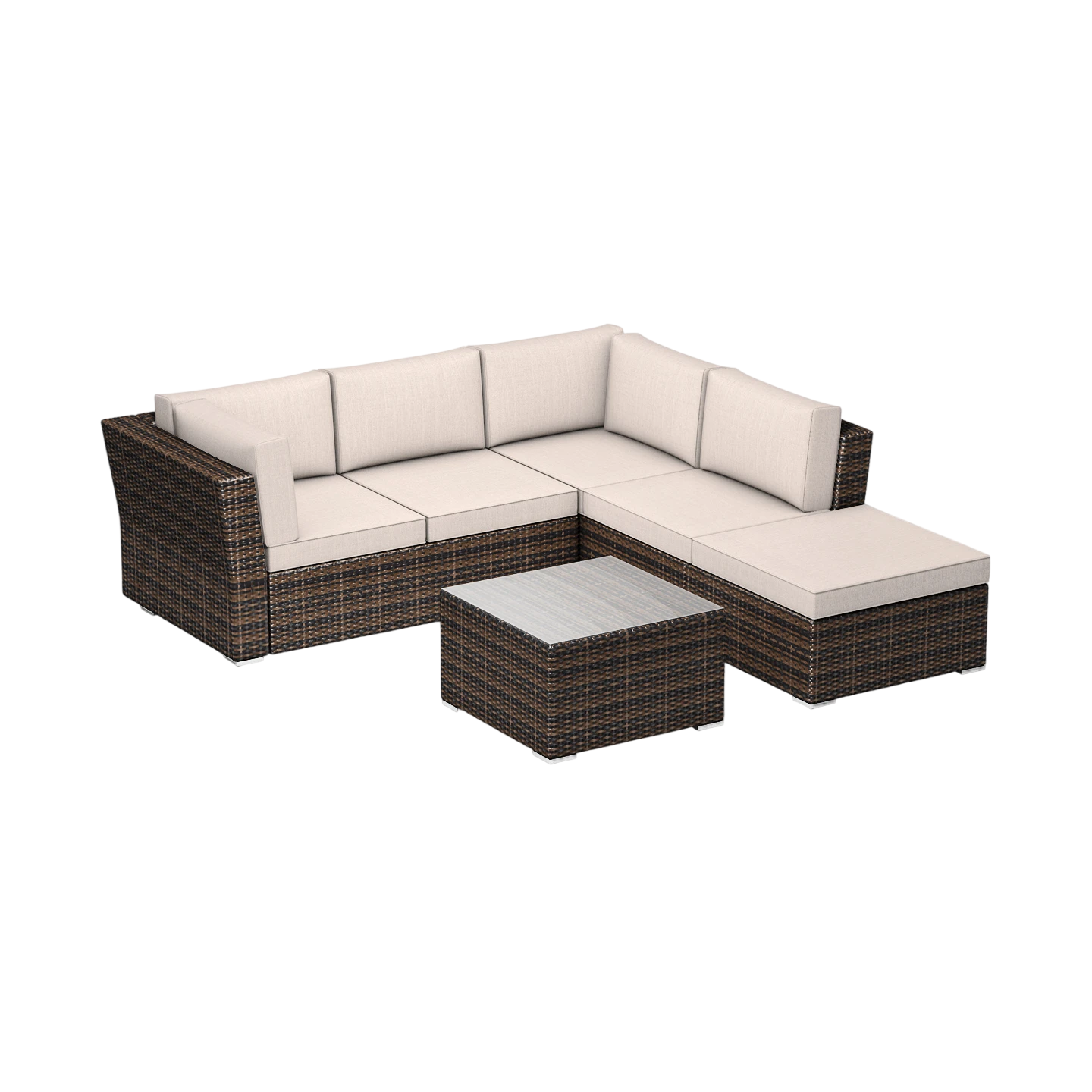 A modular outdoor sectional sofa with beige cushions and a brown wicker frame, accompanied by a matching square coffee table.