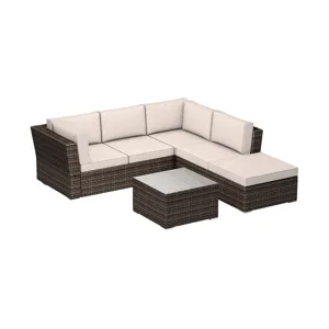 A modular outdoor sectional sofa with beige cushions and a brown wicker frame, accompanied by a matching square coffee table.
