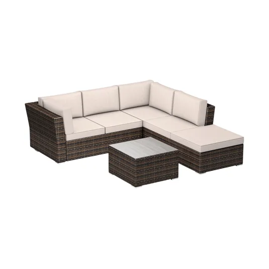 A modular outdoor sectional sofa with beige cushions and a brown wicker frame, accompanied by a matching square coffee table.
