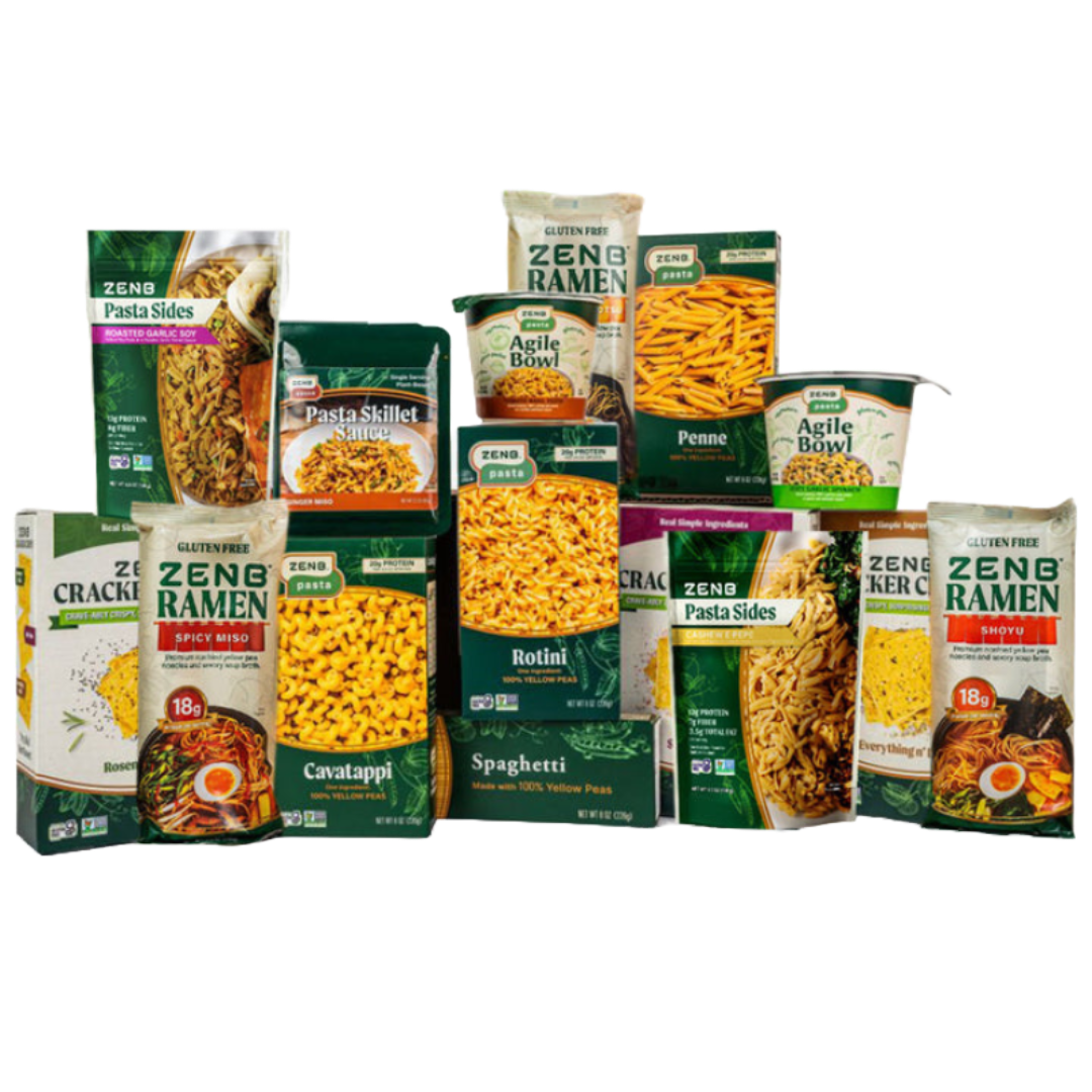 The ZENB You Pick It Pack features a variety of gluten-free pasta and ramen, including rotini, penne, spaghetti, cavatappi, spicy miso, and shoyu ramen. It also includes pasta sides, skillet sauce, agile bowls, and crackers made with yellow peas.