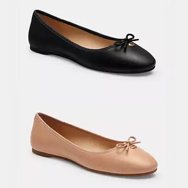Two pairs of ballet flats, one in black with a bow, and the other in a nude color, also with a bow.