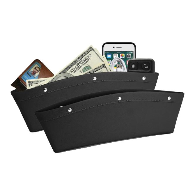 Two black car seat gap pockets designed to hold items like cash, phones, and keys, preventing them from falling between car seats.