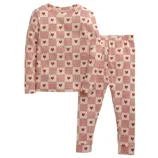 Two-piece kids' pajamas featuring a red and white checkered pattern with heart designs, including a long-sleeve top and matching bottoms.