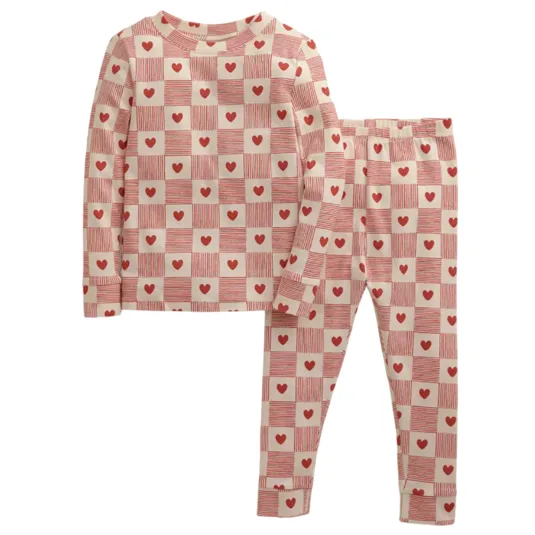 Two-piece kids' pajamas featuring a red and white checkered pattern with heart designs, including a long-sleeve top and matching bottoms.
