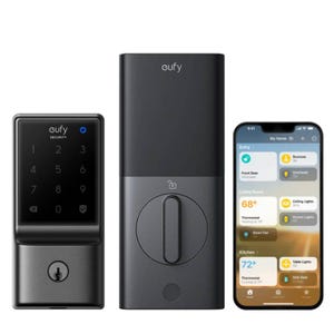Smart lock system with a touchscreen keypad, a lock mechanism, and a smartphone displaying a control app interface.