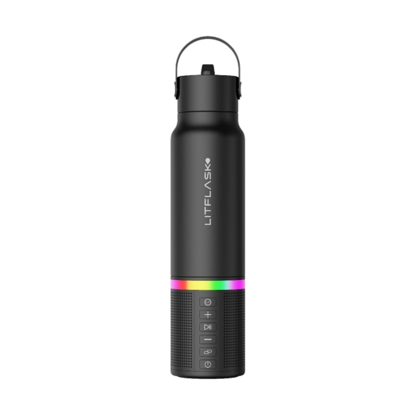 The LitFlask 3-in-1 Smart Water Bottle is a sleek black bottle with integrated features including a LED lit base and Bluetooth speaker, featuring volume and control buttons on its base.