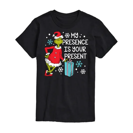 Black T-shirt featuring a character in a Santa outfit, alongside the text \“My presence is your present,\“ with snowflakes and a gift box.