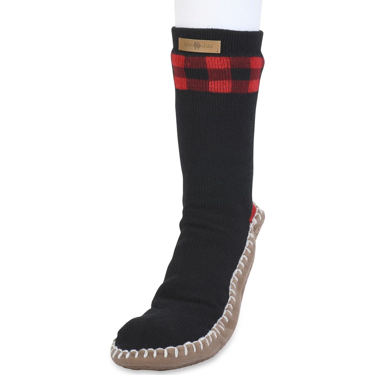 Knee-high slipper socks with a black body, red plaid cuff, and brown sole featuring white stitching.