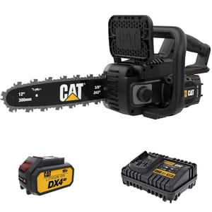 Cat Electric 12” Chainsaw includes a 12-inch (300mm) bar, 18V lithium-ion battery, and charger.
