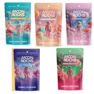 Moon Rocks freeze-dried candy in colorful packaging includes Sour Colorful Comets, Peachy Planet Rings, Astro Bites, Cosmic Crawlers, and Moon Melons. Each package features an astronaut in a whimsical space-themed landscape.