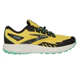 A yellow and black Brooks running shoe with a white sole and teal laces, featuring textured patterns and branding on the side.