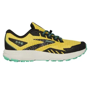 A yellow and black Brooks running shoe with a white sole and teal laces, featuring textured patterns and branding on the side.