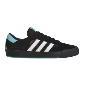 A black sneaker with teal accents and white stripes, featuring a low-top design and circular knit mesh upper.