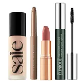 Saie foundation, Fenty Beauty eye crayon, Charlotte Tilbury lipstick, and Clinique High Impact mascara are shown.