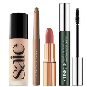 Saie foundation, Fenty Beauty eye crayon, Charlotte Tilbury lipstick, and Clinique High Impact mascara are shown.