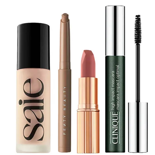 Saie foundation, Fenty Beauty eye crayon, Charlotte Tilbury lipstick, and Clinique High Impact mascara are shown.