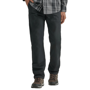 Wrangler Men's Outdoor Chino Pants are black, straight-leg trousers paired with a plaid button-up shirt and brown hiking shoes, suitable for casual or outdoor wear.