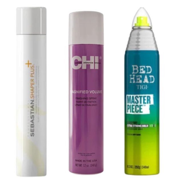 The photo shows three hairstyling sprays: Sebastian Shaper Plus, CHI Magnified Volume Finishing Spray, and Bed Head TIGI Masterpiece, each in its own distinct packaging.