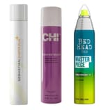 The photo shows three hairstyling sprays: Sebastian Shaper Plus, CHI Magnified Volume Finishing Spray, and Bed Head TIGI Masterpiece, each in its own distinct packaging.