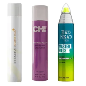 The photo shows three hairstyling sprays: Sebastian Shaper Plus, CHI Magnified Volume Finishing Spray, and Bed Head TIGI Masterpiece, each in its own distinct packaging.