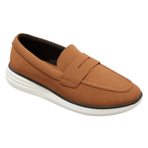 Brown loafer with a white sole, featuring a sleek design and stitching details, suitable for casual or semi-formal occasions.