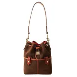 Brown suede and leather bucket bag with a drawstring closure, gold-tone hardware, and a detachable shoulder strap.