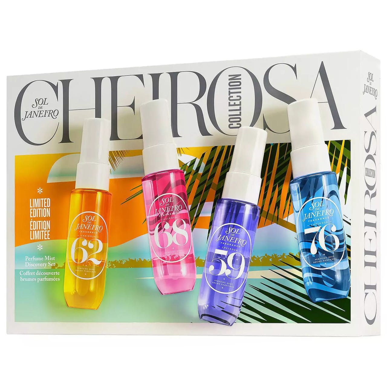 The Sol de Janeiro Star Gazer Set features a limited edition collection of four travel-sized perfume mists: Cheirosa 62, 68, 59, and 76, each in vibrant colored bottles.