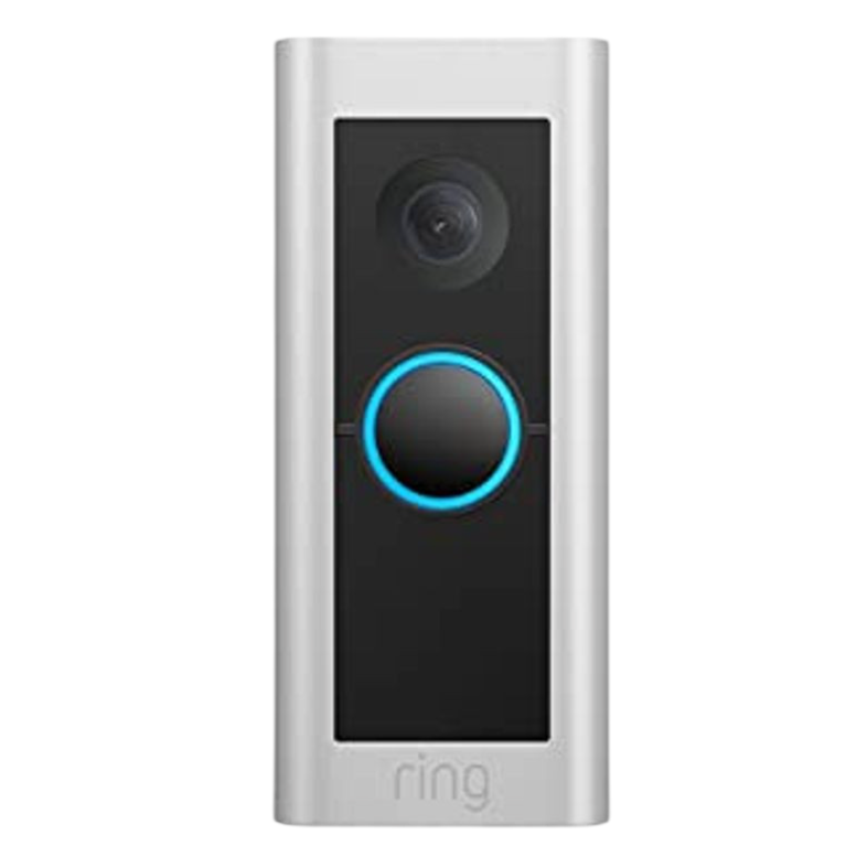 Smart doorbell with a camera and two-way audio, featuring a circular button surrounded by a blue LED light.