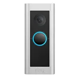 Smart doorbell with a camera and two-way audio, featuring a circular button surrounded by a blue LED light.