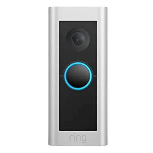 Smart doorbell with a camera and two-way audio, featuring a circular button surrounded by a blue LED light.