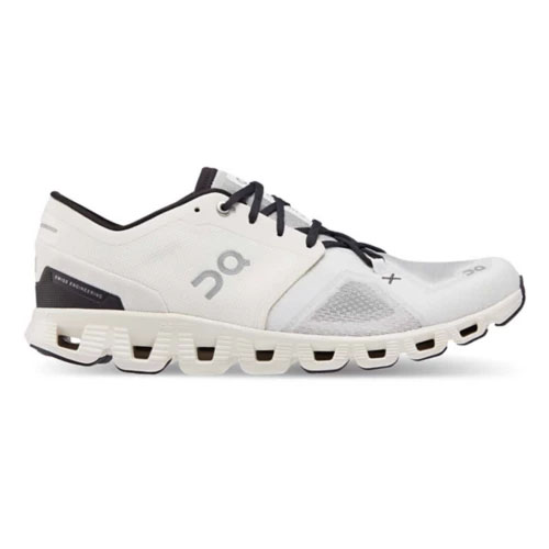 White and black men's training shoes with distinctive hollowed-out soles and the On brand symbol on the side.
