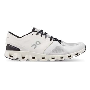 White and black men's training shoes with distinctive hollowed-out soles and the On brand symbol on the side.