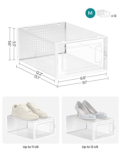 Clear stackable storage organizers for shoes with front-opening doors, designed to fit up to US shoe size 11 in medium and size 12 in large, dimensions 13.1\“ L x 8.8\“ W x 9.1\“ H.