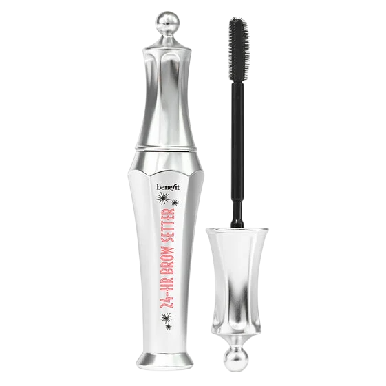 Benefit 24-HR Brow Setter in a silver tube with a long, wand-like applicator shown open.