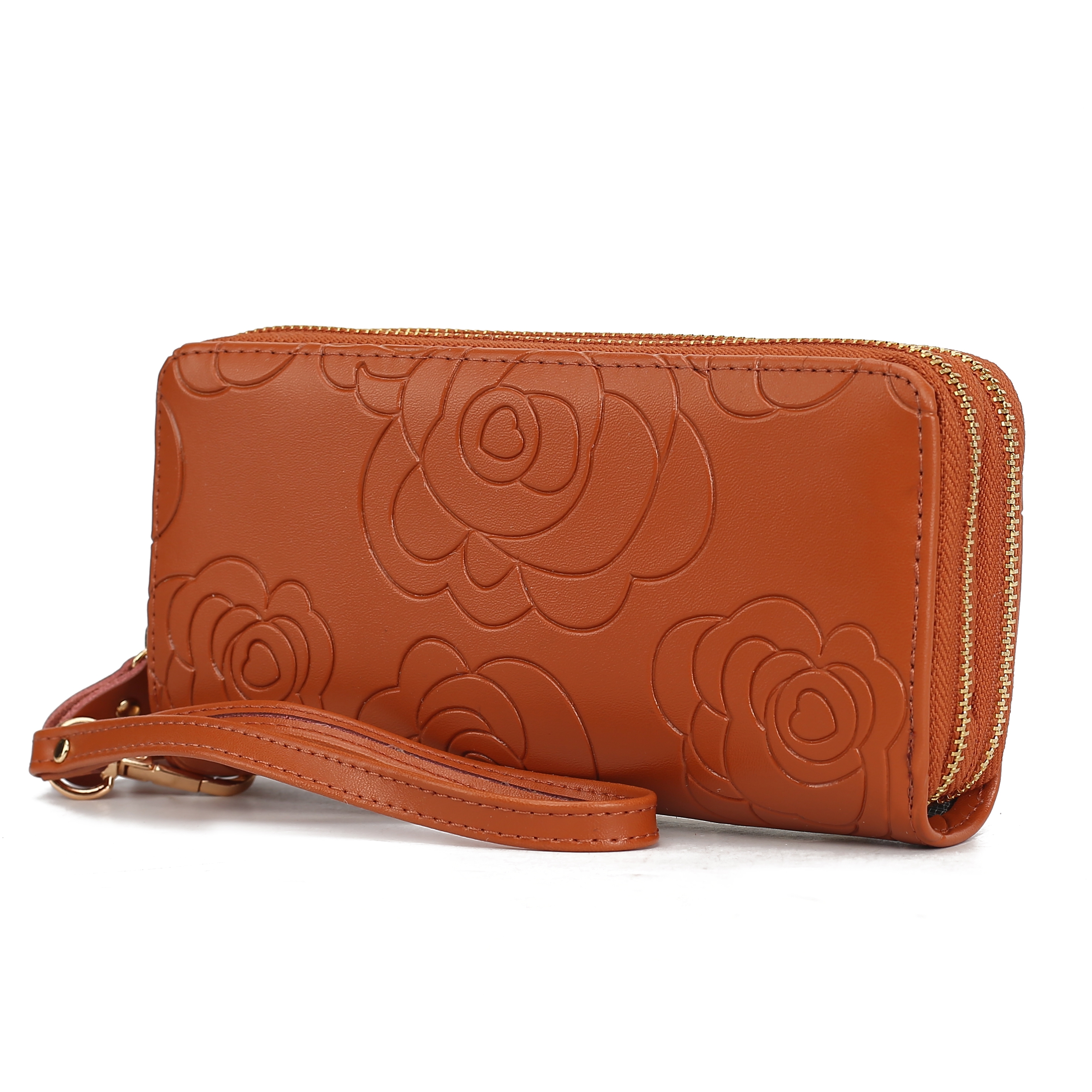 A brown leather wristlet wallet features embossed floral patterns and two gold-tone zipper compartments.