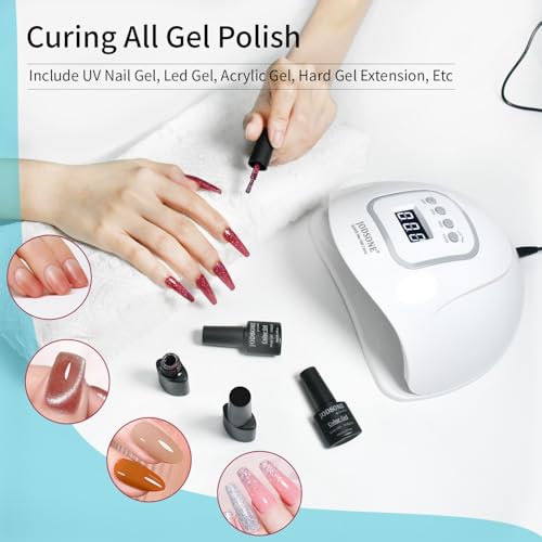 UV/LED nail lamp for curing all gel polish types, including UV nail gel, LED gel, acrylic gel, and hard gel extensions, with various gel polish bottles shown nearby.