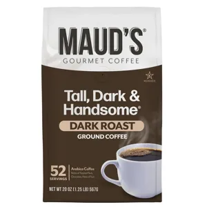 Maud's Gourmet Coffee, \“Tall, Dark & Handsome\“ Dark Roast Ground Coffee, 20 oz (567g), offering 52 servings. Made with Arabica coffee, featuring notes of toasted nuts, chocolate, and hints of fruit. Kosher certified.