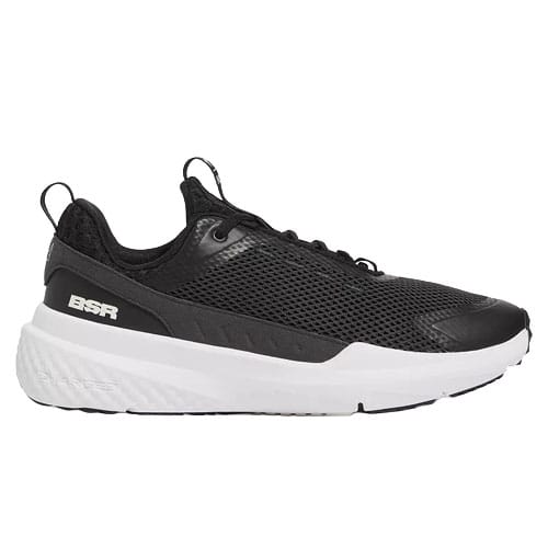 Black and white athletic sneaker with a mesh upper and thick sole. Branding text \“BSR\“ visible on the side of the heel.