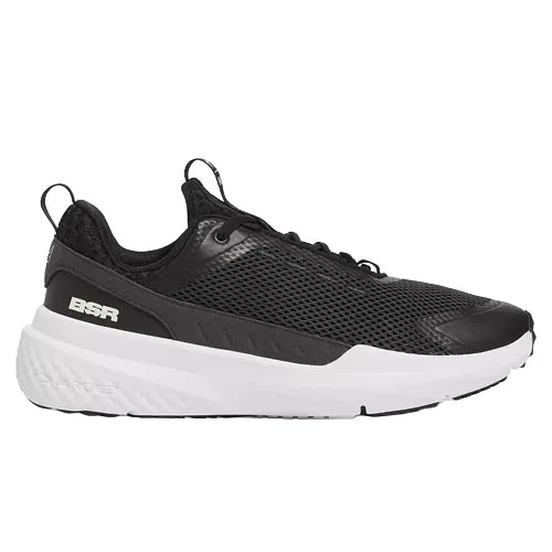 Black and white athletic sneaker with a mesh upper and thick sole. Branding text \“BSR\“ visible on the side of the heel.