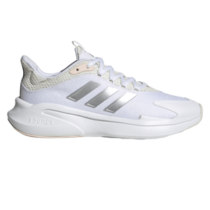 A white athletic shoe with silver stripes and a \“Bounce\“ cushioned sole, featuring a lightweight mesh upper.