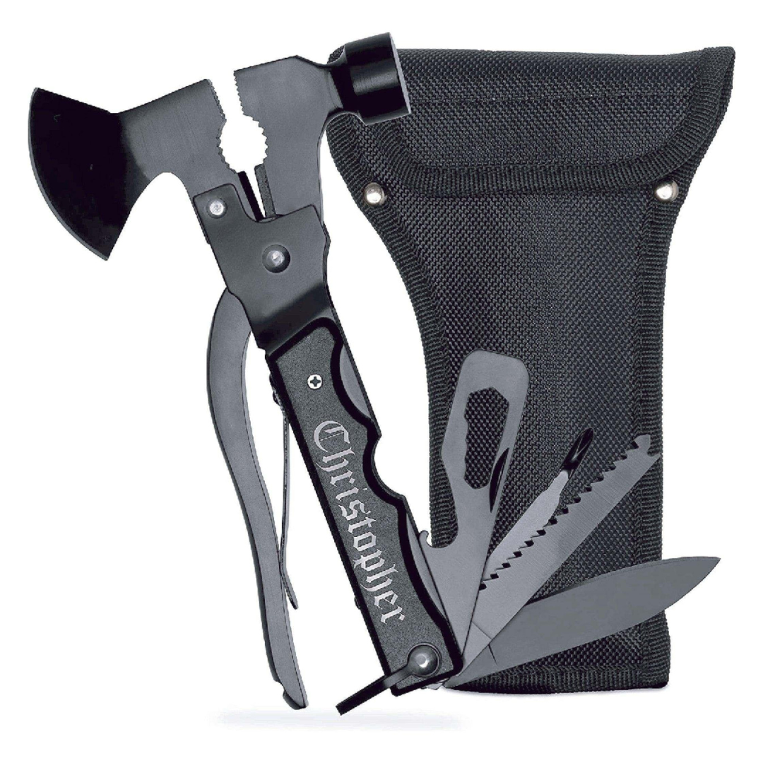 A compact multi-tool featuring an axe, hammer, pliers, knife, saw, and a bottle opener, with a personalized \“Christopher\“ engraving, accompanied by a black fabric carrying case.