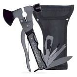 A compact multi-tool featuring an axe, hammer, pliers, knife, saw, and a bottle opener, with a personalized \“Christopher\“ engraving, accompanied by a black fabric carrying case.
