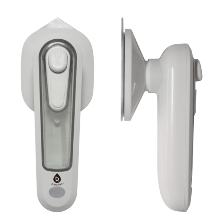 Wall-mounted automatic soap or sanitizer dispenser with a transparent liquid reservoir, featuring touch-free operation via a motion sensor.