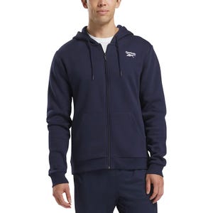 A navy blue Reebok zip-up hoodie with a drawstring hood and front pockets, featuring the Reebok logo on the chest.
