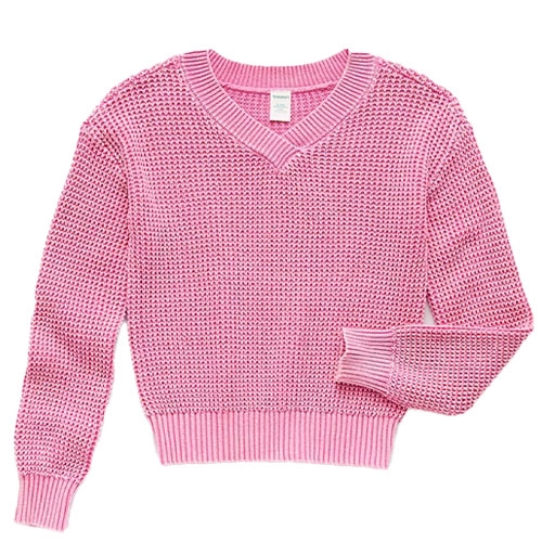 A pink, knitted, V-neck sweater with ribbed cuffs and hem.