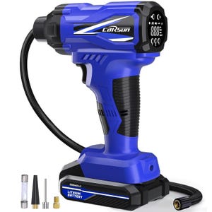 A blue, cordless portable tire inflator featuring a digital display, powered by a 2600mAh lithium battery. It includes various nozzles and a coiled hose for inflating tires and other inflatables.