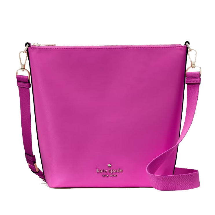 Bright pink Kate Spade crossbody bag with an adjustable strap and brand logo on the front.