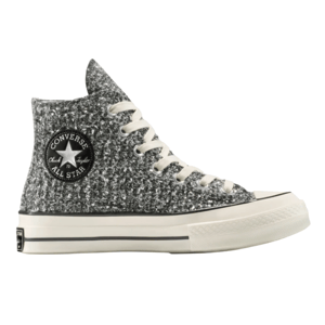 Converse Chuck Taylor All Star high-top sneaker in a textured, shiny gray finish with white laces and a black logo patch on the ankle.